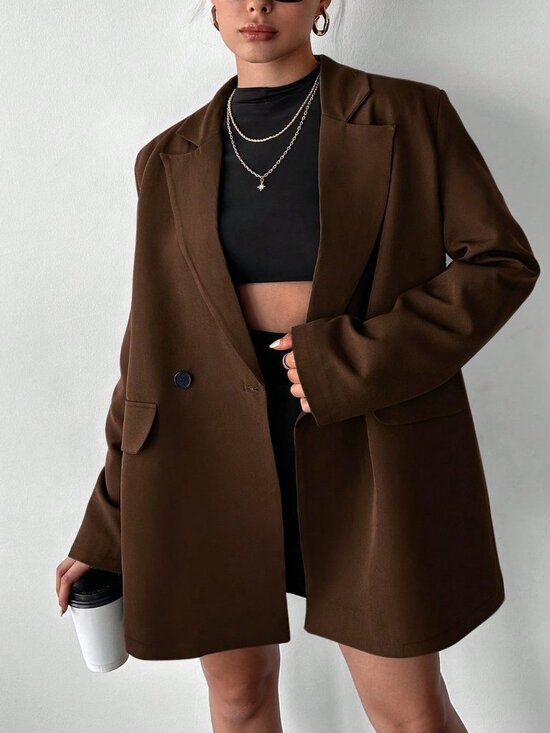 Jackets & Blazers - Brown Casual Women's Oversized Padded Shoulder Blazer Jacket